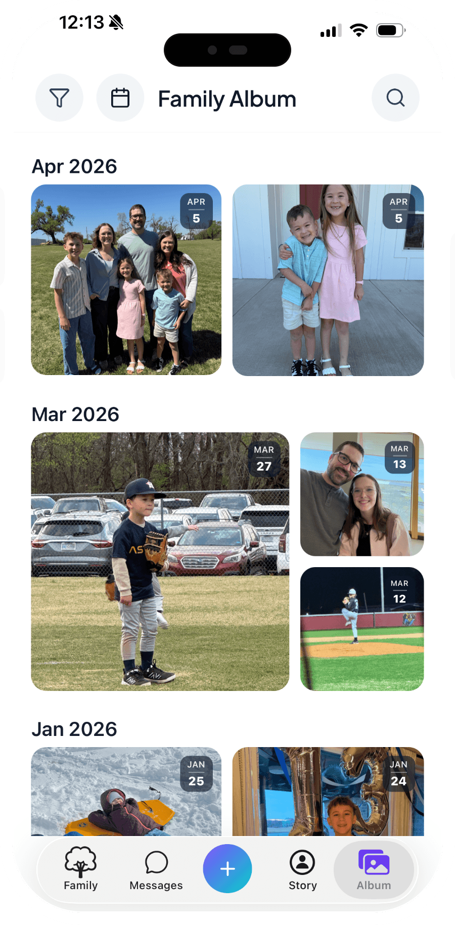 FamilyKeeps family album view showing a timeline of photo moments in the app.