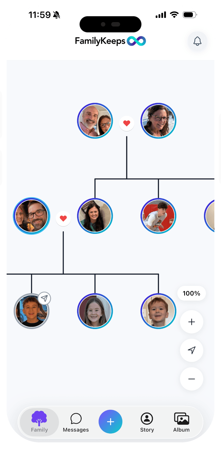 FamilyKeeps family map view showing a connected family tree inside the app.
